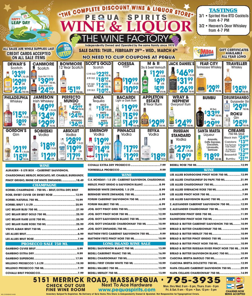 Weekly Ad Wine & Liquor Store Pequa Spirits, Massapequa Park, NY