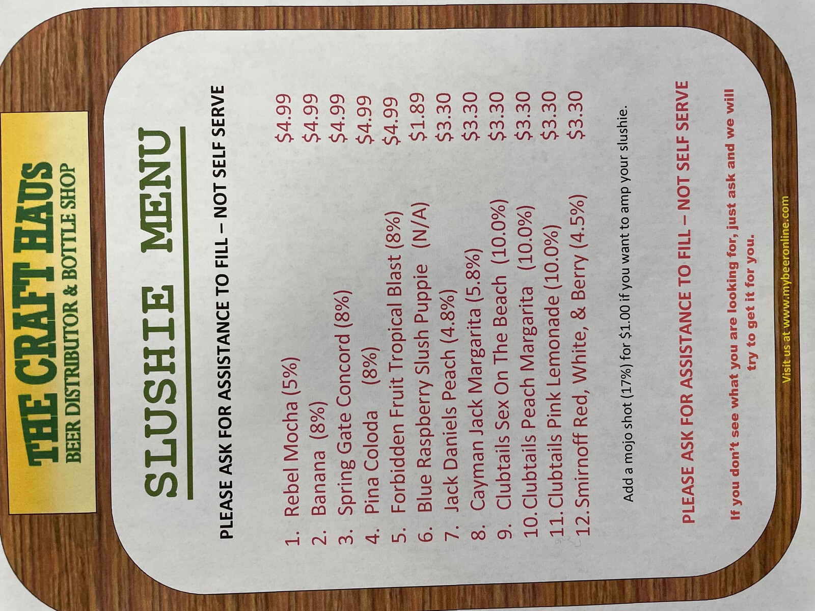 Slushie Menu The Craft Haus, Minersville, PA, Minersville, PA