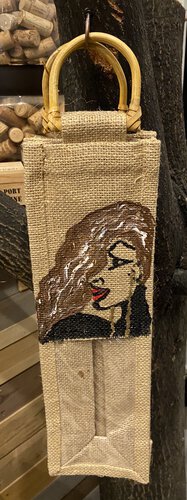 Ppp Artwork Hand Painted Single Bottle Canvas Wine Bag With Peek Hole And Bamboo Handles Brown Side Swoop